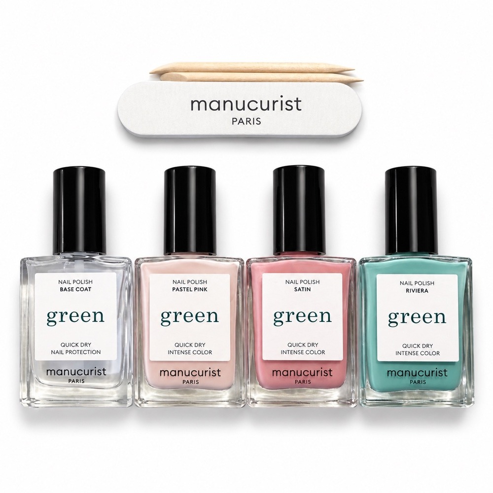 Manucurist Paris Green Nail Polish Set Base Coat Pastel Pink Satin Riviera 4pc